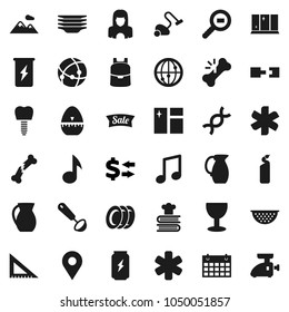 Flat vector icon set - vacuum cleaner vector, window cleaning, agent, plates, shining, woman, colander, cook timer, ladle, cookbook, jug, corner ruler, backpack, music, exchange, enegry drink, glass