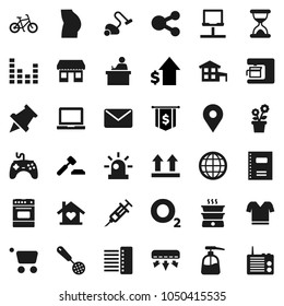 Flat vector icon set - vacuum cleaner vector, liquid soap, skimmer, oven, copybook, student, notebook pc, paper pin, dollar growth, auction, flag, bike, buttocks, t shirt, oxygen, map, office, hub