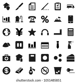 Flat vector icon set - vacuum cleaner vector, trash bin, sprayer, garbage pile, cake, copybook, corner ruler, calculator, school bus, world, document, graph, gold ingot, tie, calendar, yen sign, rec