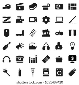 Flat vector icon set - vacuum cleaner vector, sponge, pan, kettle, toaster, oven, corner ruler, notebook pc, monitor dollar, measuring, punching bag, boxing glove, consolidated cargo, cinema clap
