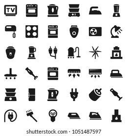 Flat vector icon set - vacuum cleaner vector, iron, kettle, oven, double boiler, blender, table lamp, tv, rca, windmill, air conditioner, ari condition, fridge, power plug, mixer, epilator, bulb