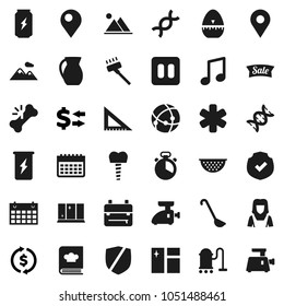 Flat vector icon set - vacuum cleaner vector, window cleaning, shining, woman, colander, cook timer, ladle, cookbook, jug, corner ruler, backpack, music, exchange, enegry drink, calendar, protected