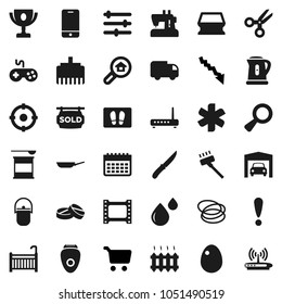 Flat vector icon set - vacuum cleaner vector, sponge, welcome mat, camping cauldron, pan, kettle, knife, egg, award cup, scissors, cart, crisis, sports nutrition, calendar, hoop, attention, gamepad
