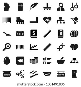 Flat vector icon set - vacuum cleaner vector, scoop, colander, plates, egg, pen, corner ruler, exam, graph, coin stack, annual report, hierarchy, buttocks, boxing glove, roller Skates, stairways run