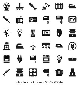 Flat vector icon set - vacuum cleaner vector, iron, mixer, oven, double boiler, blender, tv, windmill, air conditioner, ari condition, power plug, epilator, fan, kettle, heater, bulb, fireplace