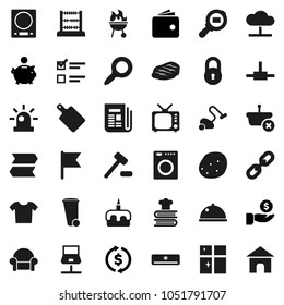 Flat vector icon set - vacuum cleaner vector, trash bin, shining window, cutting board, cookbook, bbq, dish, potato, steak, cake, abacus, flag, magnifier, exam, exchange, wallet, piggy bank, tv