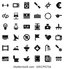 Flat vector icon set - vacuum cleaner vector, toilet, washer, shower, sink, cook press, skimmer, spatula, flag, flask, cash, check, safe, euro sign, barbell, no fastfood, heart cross, hoop, calendar