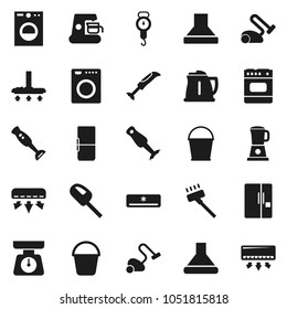 Flat vector icon set - vacuum cleaner vector, bucket, kettle, scales, blender, air conditioner, fridge, washer, coffee maker, hood, oven