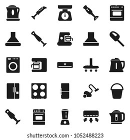 Flat vector icon set - vacuum cleaner vector, bucket, kettle, scales, oven, blender, air conditioner, fridge, washer, coffee maker, hood