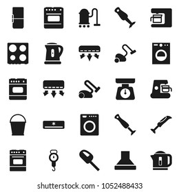 Flat vector icon set - vacuum cleaner vector, bucket, kettle, scales, oven, blender, air conditioner, fridge, washer, coffee maker, hood