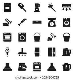 Flat vector icon set - vacuum cleaner vector, bucket, kettle, scales, oven, air conditioner, fridge, washer, coffee maker, hood, blender