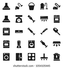 Flat vector icon set - vacuum cleaner vector, bucket, scales, oven, blender, air conditioner, fridge, washer, hood, kettle