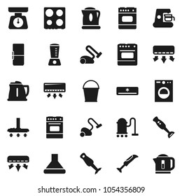 Flat vector icon set - vacuum cleaner vector, bucket, kettle, scales, oven, blender, air conditioner, fridge, washer, coffee maker, hood