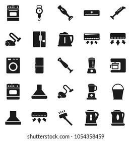 Flat vector icon set - vacuum cleaner vector, bucket, kettle, scales, oven, blender, air conditioner, fridge, washer, coffee maker, hood