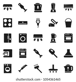 Flat vector icon set - vacuum cleaner vector, bucket, scales, oven, blender, air conditioner, fridge, washer, coffee maker, hood, kettle