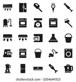 Flat vector icon set - vacuum cleaner vector, bucket, scales, oven, blender, air conditioner, fridge, washer, coffee maker, hood, kettle