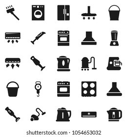 Flat vector icon set - vacuum cleaner vector, bucket, kettle, scales, oven, blender, air conditioner, fridge, washer, coffee maker, hood