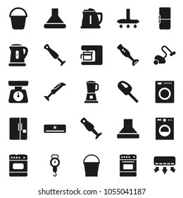 Flat vector icon set - vacuum cleaner vector, bucket, kettle, scales, oven, blender, air conditioner, fridge, washer, coffee maker, hood