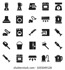 Flat vector icon set - vacuum cleaner vector, bucket, scales, oven, blender, air conditioner, fridge, washer, coffee maker, hood, kettle