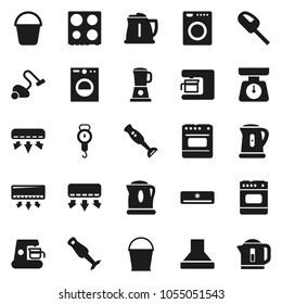 Flat vector icon set - vacuum cleaner vector, bucket, kettle, scales, oven, blender, air conditioner, washer, coffee maker, hood