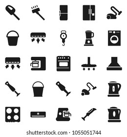 Flat vector icon set - vacuum cleaner vector, bucket, kettle, scales, oven, blender, air conditioner, fridge, washer, coffee maker, hood