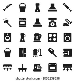 Flat vector icon set - vacuum cleaner vector, bucket, kettle, scales, oven, air conditioner, fridge, washer, coffee maker, hood, blender