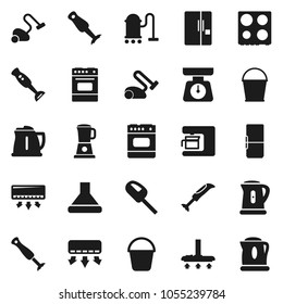 Flat vector icon set - vacuum cleaner vector, bucket, kettle, scales, oven, blender, fridge, coffee maker, hood, air conditioner
