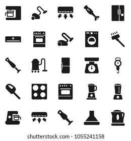 Flat vector icon set - vacuum cleaner vector, scales, oven, blender, air conditioner, fridge, washer, coffee maker, hood, kettle