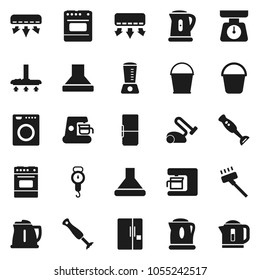 Flat vector icon set - vacuum cleaner vector, bucket, kettle, scales, oven, blender, air conditioner, fridge, washer, coffee maker, hood