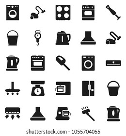 Flat vector icon set - vacuum cleaner vector, bucket, kettle, scales, oven, air conditioner, fridge, washer, coffee maker, hood, blender