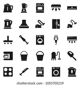 Flat vector icon set - vacuum cleaner vector, bucket, kettle, scales, oven, air conditioner, fridge, washer, coffee maker, hood, blender