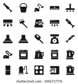 Flat vector icon set - vacuum cleaner vector, bucket, kettle, scales, oven, blender, air conditioner, fridge, coffee maker, hood