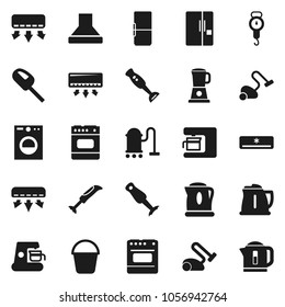 Flat vector icon set - vacuum cleaner vector, bucket, kettle, scales, blender, air conditioner, fridge, washer, coffee maker, hood, oven