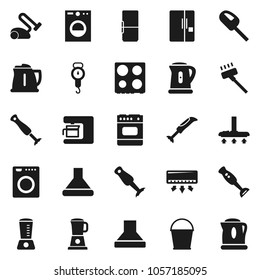 Flat vector icon set - vacuum cleaner vector, bucket, kettle, scales, oven, blender, fridge, washer, coffee maker, hood, air conditioner