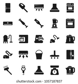 Flat vector icon set - vacuum cleaner vector, bucket, kettle, scales, oven, blender, air conditioner, fridge, coffee maker, hood