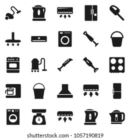 Flat vector icon set - vacuum cleaner vector, bucket, kettle, scales, oven, blender, air conditioner, fridge, washer, coffee maker, hood