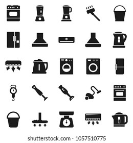 Flat vector icon set - vacuum cleaner vector, bucket, kettle, scales, oven, blender, air conditioner, fridge, washer, hood