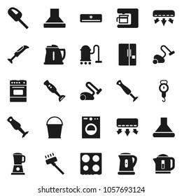 Flat vector icon set - vacuum cleaner vector, bucket, kettle, scales, oven, blender, air conditioner, fridge, washer, coffee maker, hood