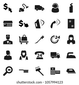 Flat vector icon set - vacuum cleaner vector, fetlock, car, window cleaning, iron, steaming, agent, woman, dollar cursor, phone 24, delivery, cargo search, doctor, hospital building, hour, support