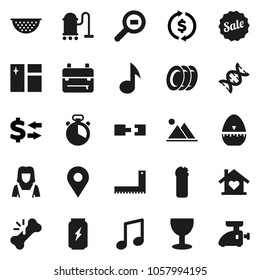 Flat vector icon set - vacuum cleaner vector, window cleaning, agent, plates, woman, colander, cook timer, corner ruler, backpack, music, exchange, enegry drink, glass, cargo search, dna, connection