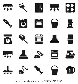 Flat vector icon set - vacuum cleaner vector, bucket, scales, oven, blender, air conditioner, fridge, washer, coffee maker, hood, kettle