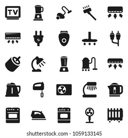 Flat vector icon set - vacuum cleaner vector, iron, kettle, table lamp, tv, rca, air conditioner, ari condition, power plug, mixer, oven, blender, epilator, fan, heater