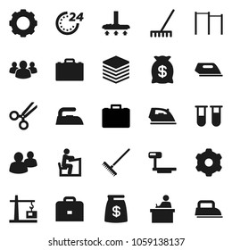 Flat vector icon set - vacuum cleaner vector, rake, iron, student, case, horizontal bar, big scales, group, vial, scissors, data, gear, construction crane, money bag, 24 hour