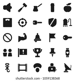 Flat vector icon set - vacuum cleaner vector, cleaning agent, water closet, meat hammer, turk coffee, toaster, mushroom, bell, award cup, flag, diet, scales, muscule hand, heart monitor, attention