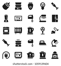 Flat vector icon set - vacuum cleaner vector, kettle, mixer, double boiler, blender, table lamp, tv, rca, fridge, power plug, iron, oven, epilator, fan, heater, bulb, fireplace