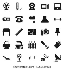 Flat vector icon set - vacuum cleaner vector, fetlock, scoop, rubber glove, whisk, mixer, ruler, notebook pc, barbell, horizontal bar, consolidated cargo, classic phone, thumbtack, table, heating
