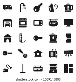 Flat vector icon set - vacuum cleaner vector, mop, steaming, skimmer, double boiler, key, garage, rent signboard, bath, relocation truck, fridge, password, microwave oven, monitor, air conditioner