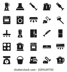Flat vector icon set - vacuum cleaner vector, bucket, kettle, scales, oven, blender, air conditioner, fridge, washer, coffee maker, hood