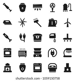 Flat vector icon set - vacuum cleaner vector, kettle, mixer, double boiler, blender, table lamp, rca, windmill, power plug, iron, multi cooker, oven, epilator, air conditioner, fan, heater