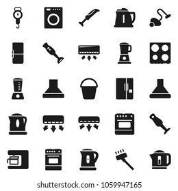 Flat vector icon set - vacuum cleaner vector, bucket, kettle, scales, oven, blender, air conditioner, fridge, washer, coffee maker, hood